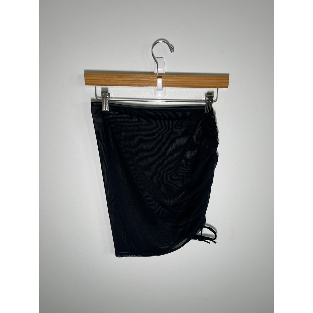 Coastal Boho Beach Womens Mini Coverup Skirt M Black Mesh Ruched Stretch
